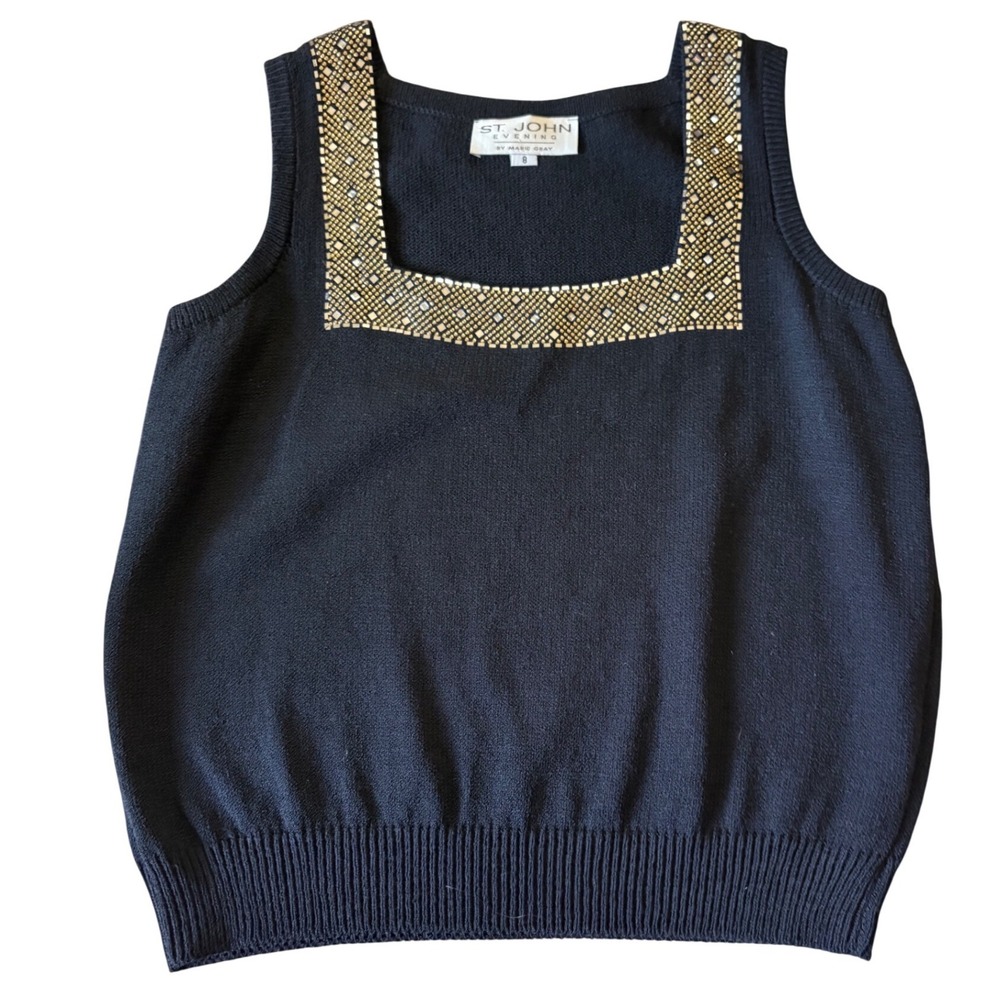 ST JOHN Black Square Neck Jeweled Sleeveless Knit Top‎ Size 8
